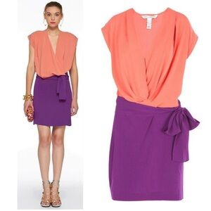 DVF Diane Von Furstenberg Reara Draped Silk Color
Block Coral Purple Mini Dress
